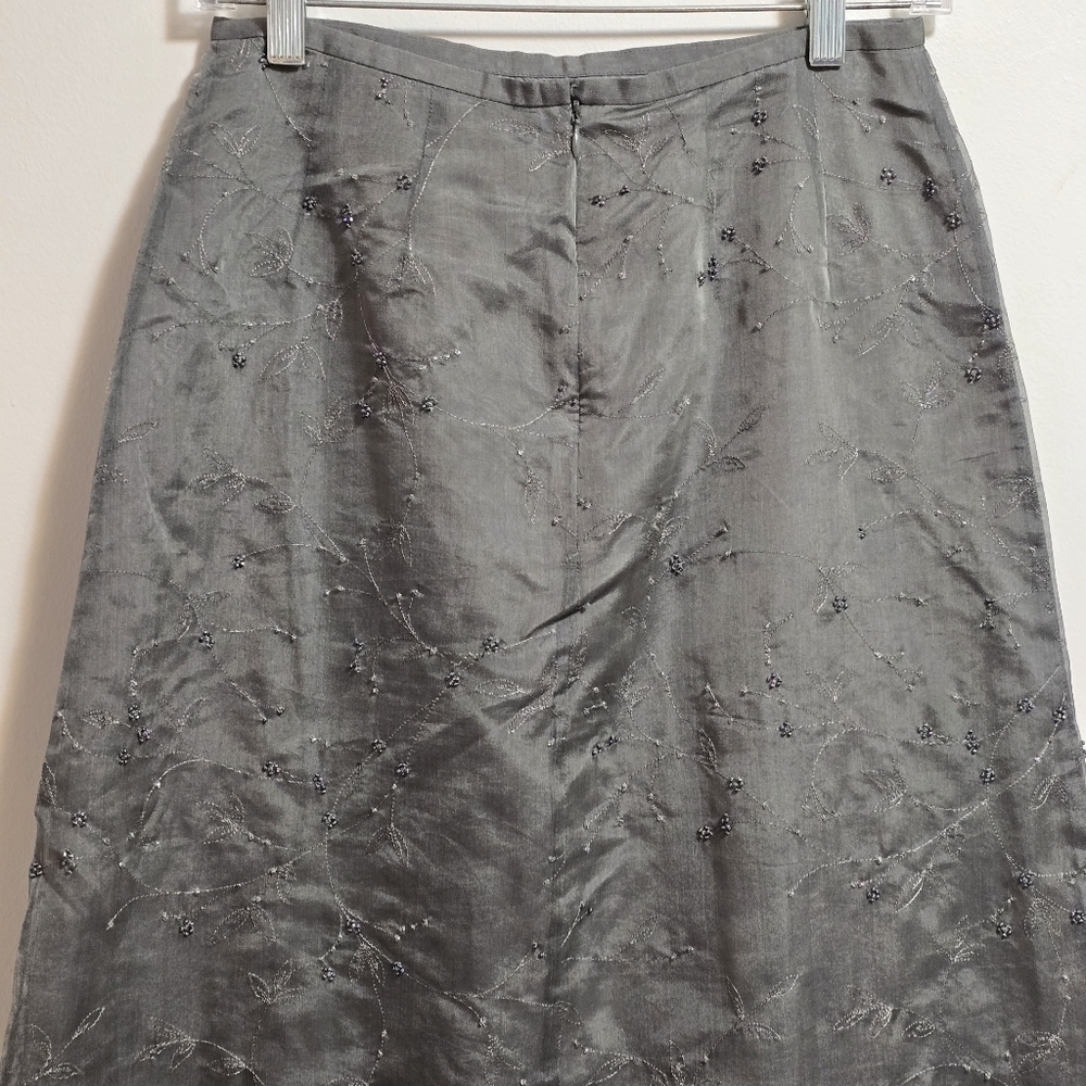Vintage Anne Taylor 100% Silk Grey Embroidered Flora Pearl Maxi Skirt - Picture 7 of 10